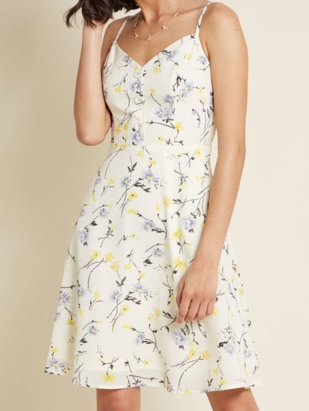 Modcloth Cream Floral Spaghetti-Strap Mini Dress with Yellow & Lavender Blooms